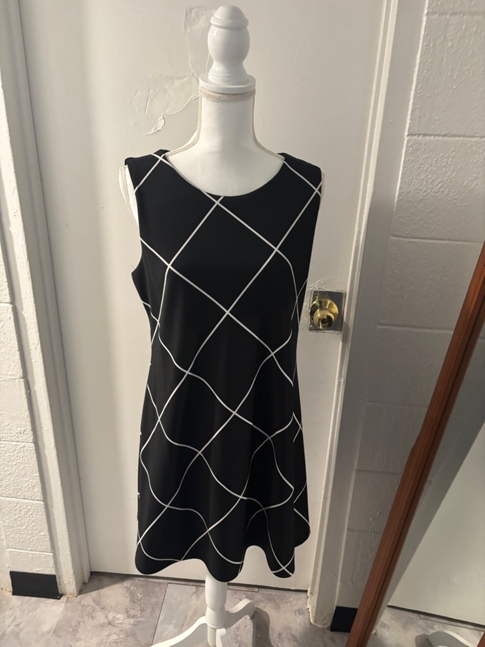 Tiana B. Black Strapless-Look A-Line Dress with White Grid